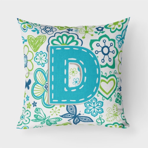 Letter D Flowers and Butterflies Teal Blue Fabric Decorative Pillow Perspective: front