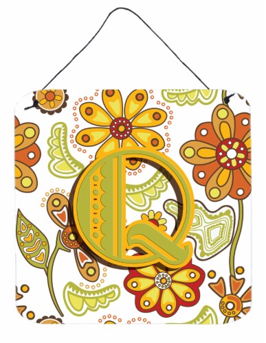 Letter Q Floral Mustard and Green Wall or Door Hanging Prints Perspective: front