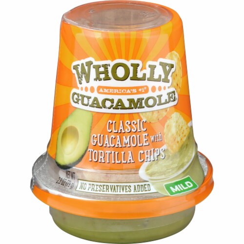 Wholly Guacamole Classic Mild Guacamole with Tortilla Chips Snack Cup Perspective: front