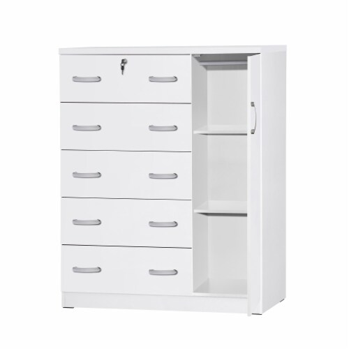 Better Home Products JCF Sofie 5 Drawer Wooden Tall Chest Wardrobe in White Perspective: front