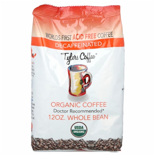 Tyler’s No Acid Organic Coffee Beans, Arabica Full Flavor Decaf, 12 oz Perspective: front