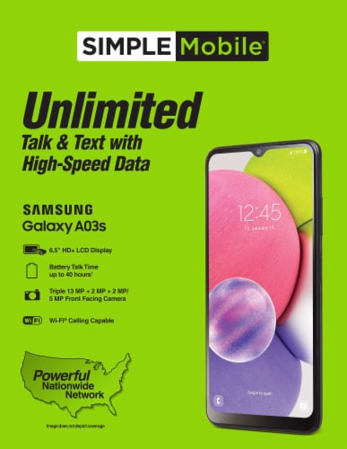 Simple Mobile Samsung Galaxy A03s 32GB Prepaid Smartphone - Black Perspective: front