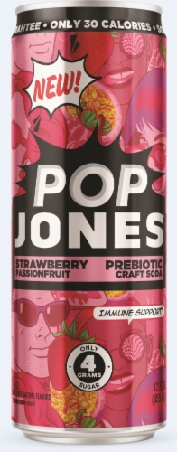 Pop Jones™ Strawberry Passion Prebiotic Soda Perspective: front