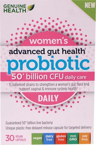 Genuine Health Women's Advanced Gut Health Probiotic Daily Vegan Capsules Perspective: front