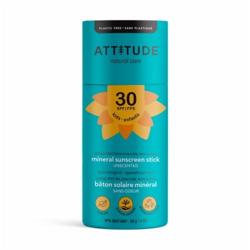 Attitude Natural Care Unscented Kids Mineral Sunscreen Stick SPF 30 Perspective: front