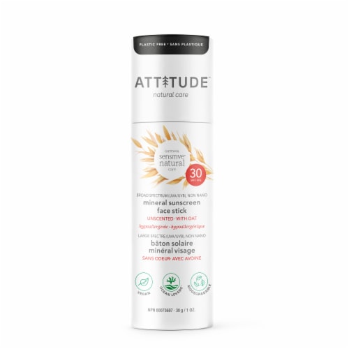 Attitude Natural Care Unscented Oatmeal Mineral Sunscreen Face Stick SPF 30 Perspective: front