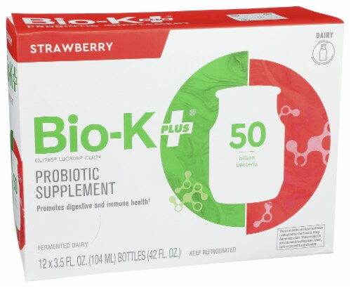 Bio-K+® Strawberry Dairy Probiotic Supplement Perspective: front