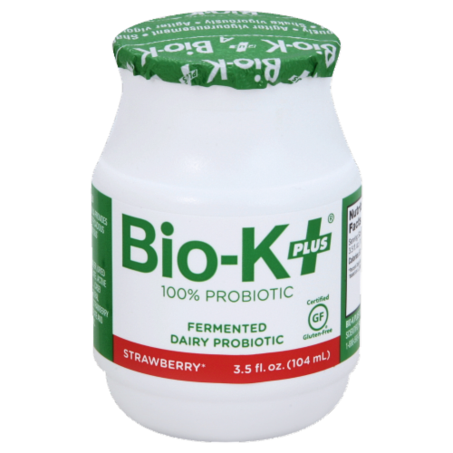 Bio-K Plus Gluten Free Strawberry Fermented Dairy Probiotic Perspective: front