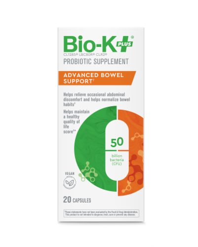 Bio-K Plus® Advanced Bowel Support Probiotic Supplement Perspective: front