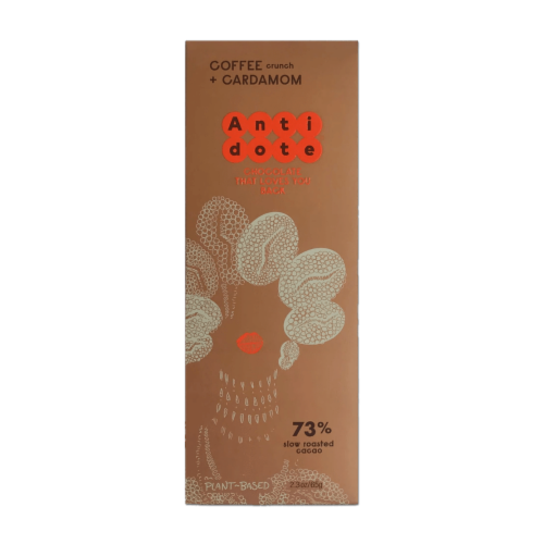 Antidote Coffee + Cardamom 73% Cacao Plant-Based Chocolate Bar Perspective: front