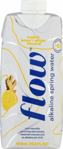 Flow Organic Lemon + Ginger Flavored Alkaline Spring Water Perspective: front