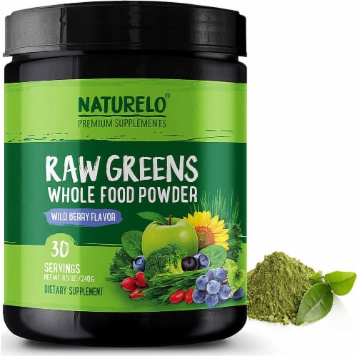 NATURELO Raw Greens Wild Berry Flavor Whole Food Powder Perspective: front