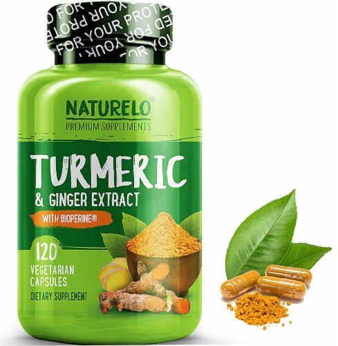 NATURELO Turmeric & Ginger Extract with Bioperine Dietary Supplement Capsules Perspective: front