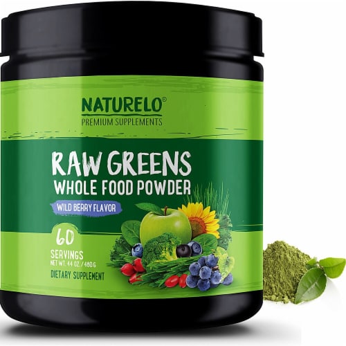 NATURELO Raw Greens Wild Berry Flavor Whole Food Powder Perspective: front