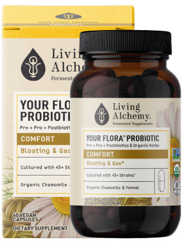Living Alchemy Your Flora Probiotic Comfort Bloating & Gas Supplement Perspective: front