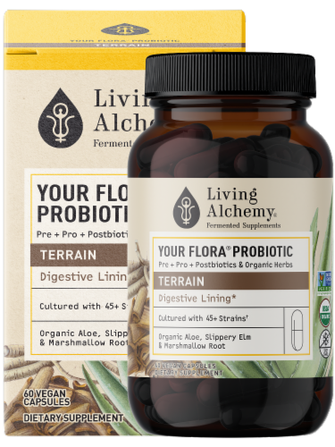 Living Alchemy Your Flora Probiotic Terrain Digestive Lining Supplement Perspective: front