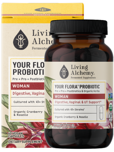 Living Alchemy Your Flora Probiotic Women Digestive Vaginal & UT Support Supplement Perspective: front