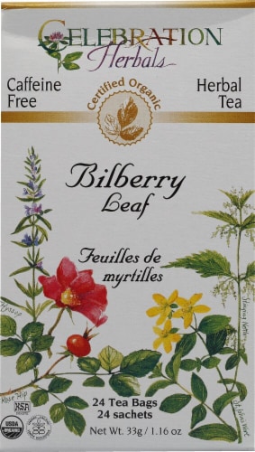 Celebration Herbals  Organic Herbal Tea Caffeine Free Bilberry Leaf Perspective: front