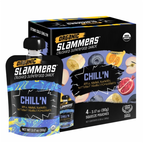 Organic Slammers Chill'n Yumberry Banana Blueberry Superfood Snack Pouch Perspective: front