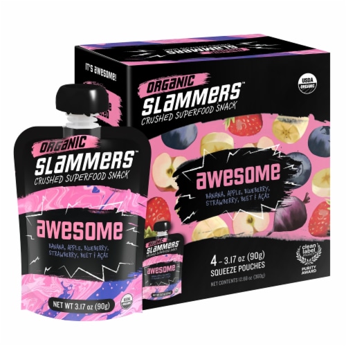 Organic Slammers Awesome Acai Strawberry Apple Superfood Snack Pouch Perspective: front