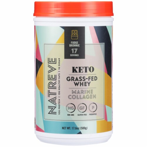 Natreve Fudge Brownie Flavored Keto Grass-Fed Whey Marine Collagen Powder Supplement Perspective: front