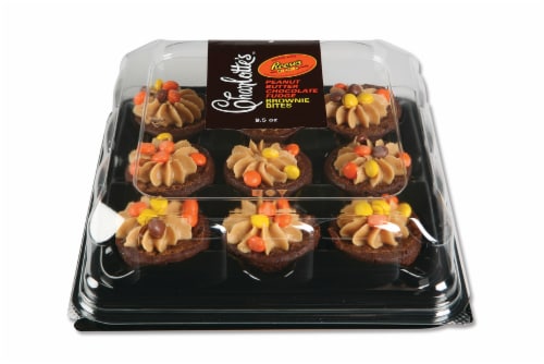 Charlotte's Reese's Pieces Topped Peanut Butter Chocolate Fudge Brownie Bites Perspective: front