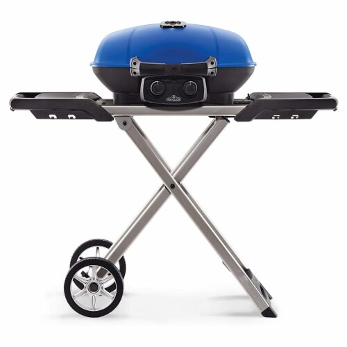 Napoleon TravelQ 285X Portable Propane Gas Grill w/ Scissor Cart & Griddle, Blue Perspective: front