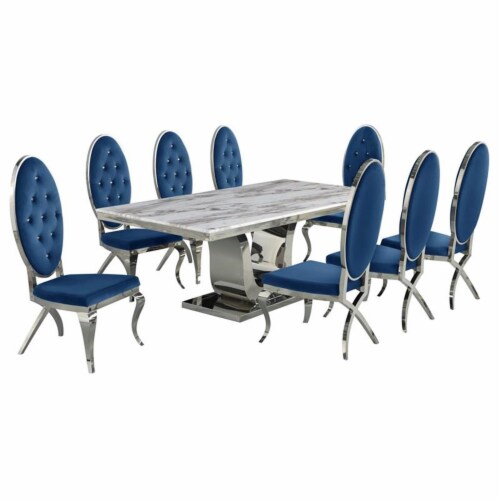 Silver Stainless Steel 9 Piece Dining Set with Marble Table and