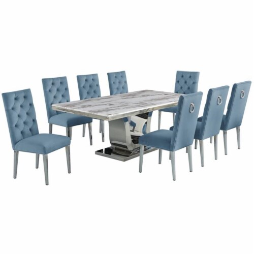 Silver Stainless Steel 9 Piece Dining Set with Marble Table and