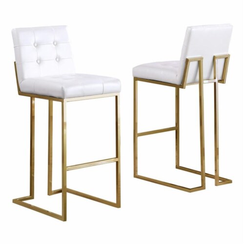 Barstools with Tufted Seats in White Faux Leather and Gold Chrome (Set of 2) Perspective: front