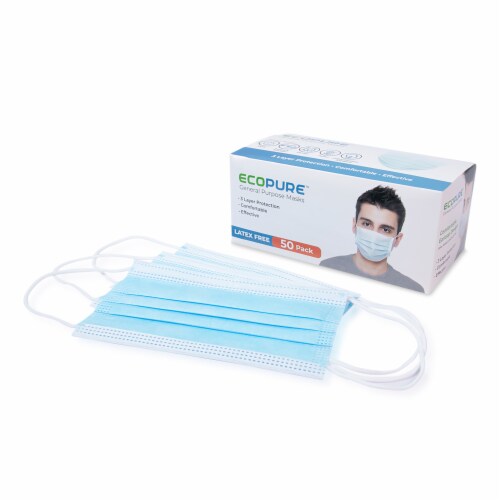 EcoPure Sanitary Face Masks | Disposable 3-Ply Layer Breathable Comfortable Face Masks Perspective: front