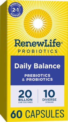 Renew Life Daily Balance Prebiotics & Probiotics Billion CFU Per Serving Strains Perspective: front
