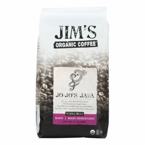 Jim's Organic Coffee Jo-Jo's Java Medium Light Roast Whole Bean Coffee Perspective: front