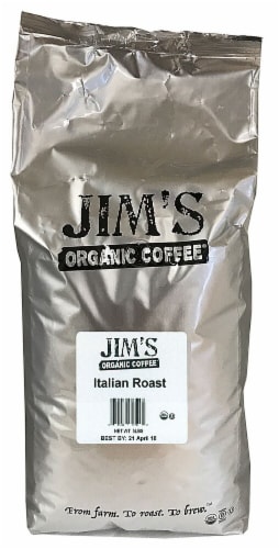 Jim's Organic Coffee Very Dark Italian Roast Whole Bean Coffee Perspective: front