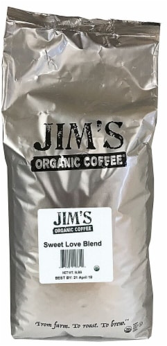 Jim's Organic Coffee Sweet Love Blend Dark Roast Whole Bean Coffee Perspective: front