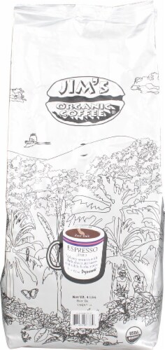 Jim's Organic Coffee Whole Bean Dark Roast Espresso Perspective: front