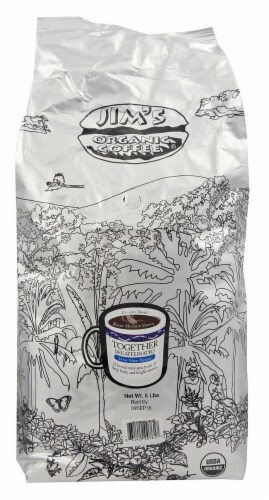 Jim's Organic Coffee Together Decaffeinated Medium Heavy Roast Whole Bean Coffee Perspective: front