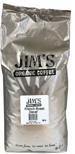 Jim's Organic Coffee Decaf French Roast Whole Bean Coffee Perspective: front