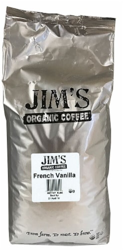 Jim's Organic Coffee French Vanilla Flavored Whole Bean Coffee Perspective: front