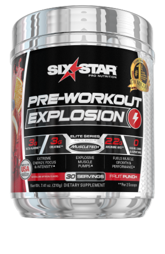 Six Star Pre-Workout Explosion Fruit Punch Flavored Sports Supplement Perspective: front