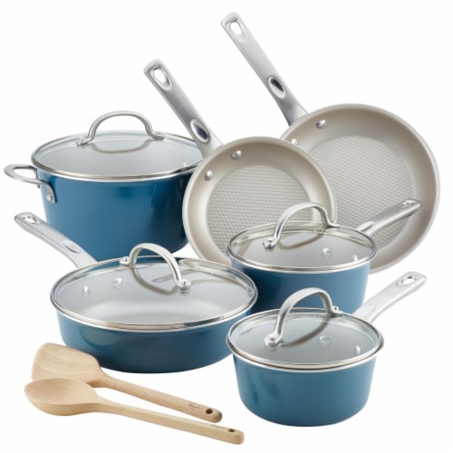 Ayesha Home Collection Porcelain Enamel Nonstick Cookware Set - Teal Perspective: front