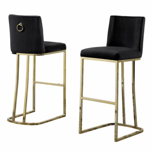 Double Minimalistic Black Velvet Bar Stools with Gold Chrome Legs, 1