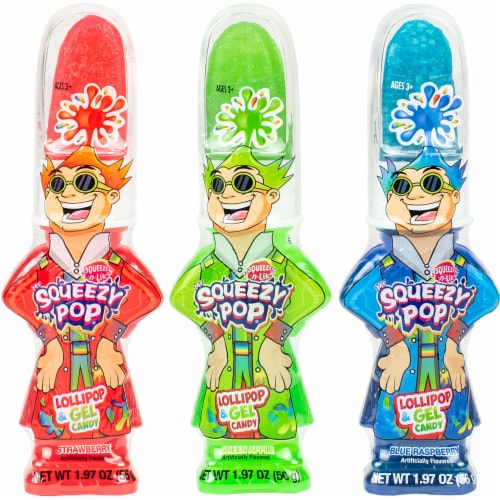Koko's Mr Squeezy Pop Assorted Flavors Lolipop & Gel Candy Perspective: front