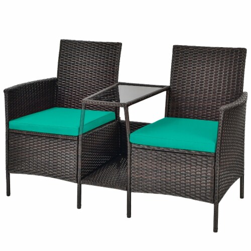 Slickblue - Patio Rattan Wicker Conversation Set Sofa Cushioned Loveseat Glass Table Perspective: front