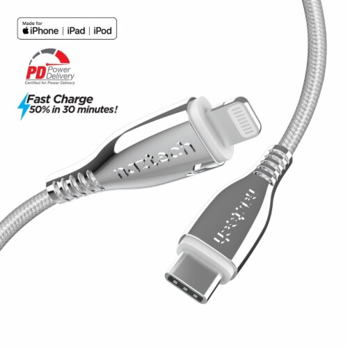 Naztech 15498 6 Ft. Titanium USB-C to Lightning Braided Cable - White Perspective: front