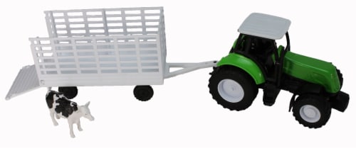 NewRay Toys Green Farm Tractor with Attachable Cattle Trailer Perspective: front