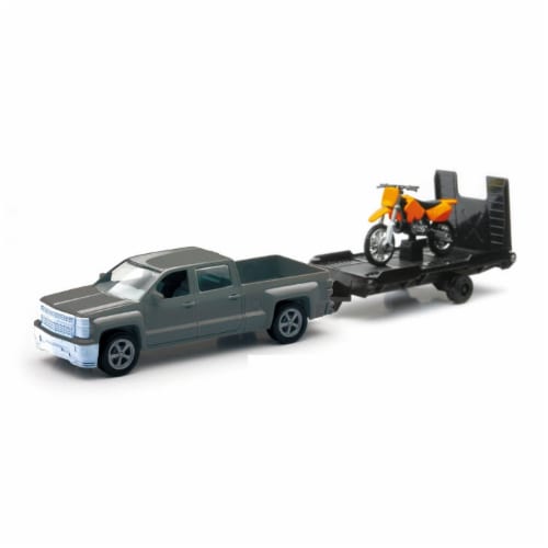 Chevrolet Silverado Die Cast Pick Up w/ Motorcycle Trailer (1:43 Scale) Perspective: front