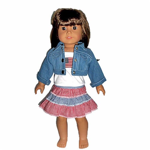 18" Doll Clothing Denim Jacket, Top & Red/White/Blue Skirt Perspective: front