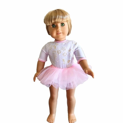 18" Doll Clothing White Flower Print Dance Leotard With Pink Skirt Perspective: front
