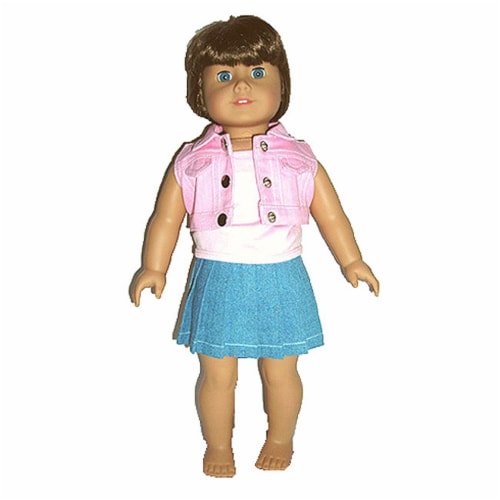 18" Doll Clothing Pink Denim Jacket, Pink Top & Jean Skirt Perspective: front